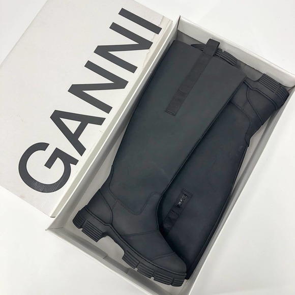 Ganni Shoes - New Ganni Recycled Rubber Country Black Chunky Round Cap Toe Tall Boots US 7